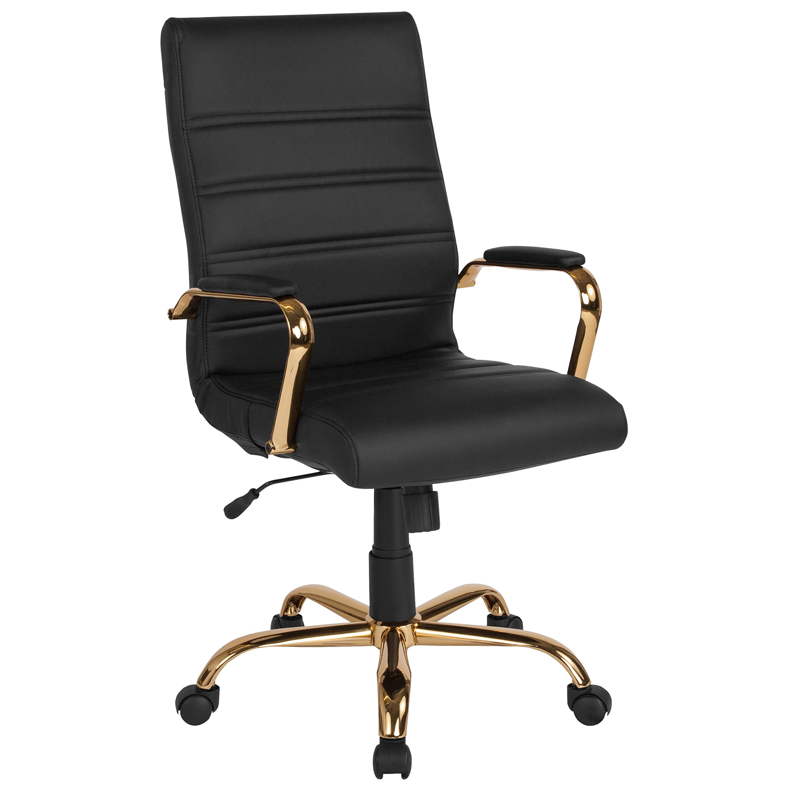 Flash Furniture Cadeira de escrivaninha com encosto alto - Cadeira de escritório executiva giratória de couro preto com moldura dourada - Cadeira de braço giratório