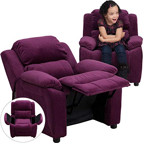 Flash Furniture Reclinável infantil de microfibra roxo contemporâneo acolchoado deluxe com braços de armazenamento