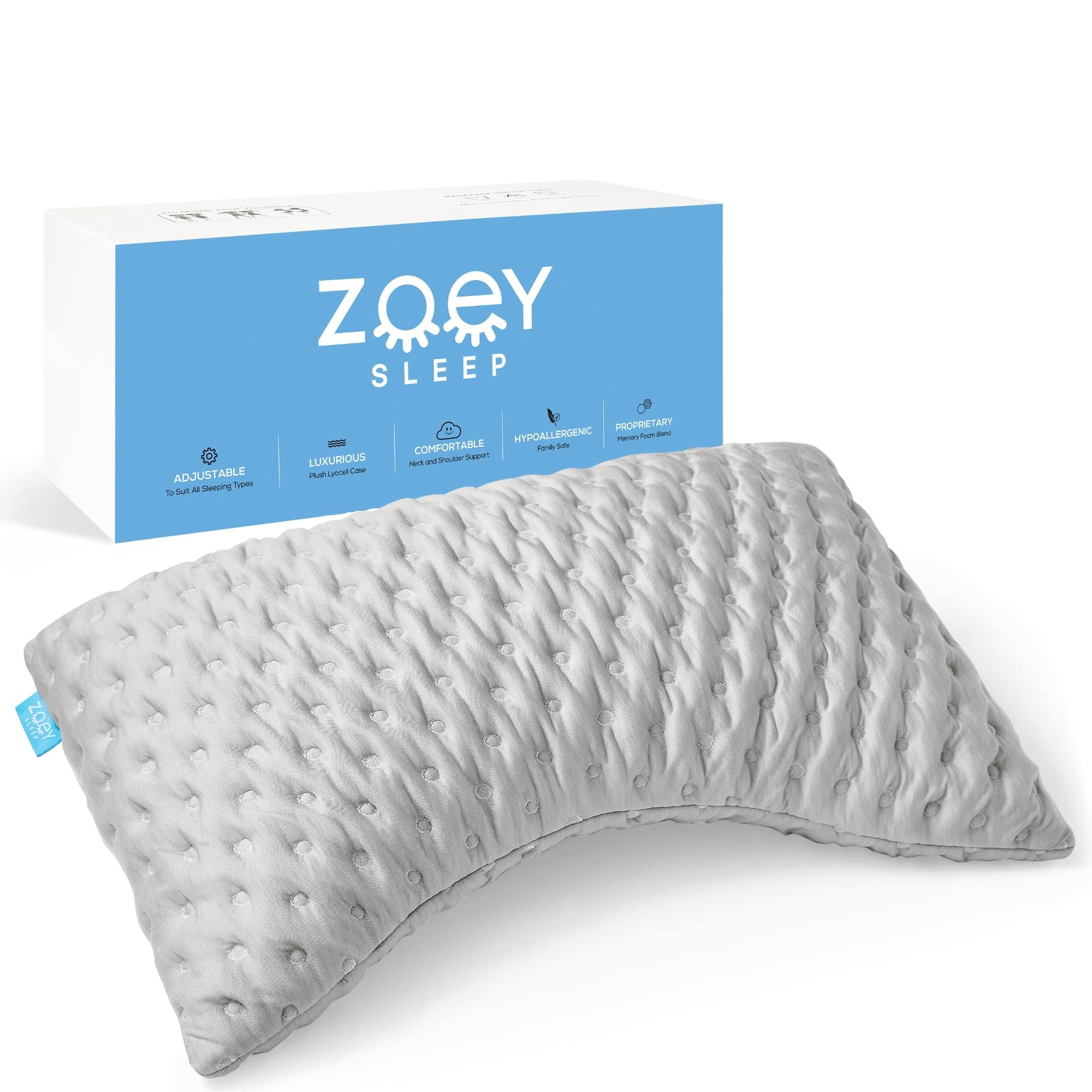 Zoey Sleep Travesseiro de dormir lateral – Almofadas de cama de espuma viscoelástica para dormir – Loft de suporte 100% ajustável – ajuda a aliviar a dor no pescoço e nos ombros