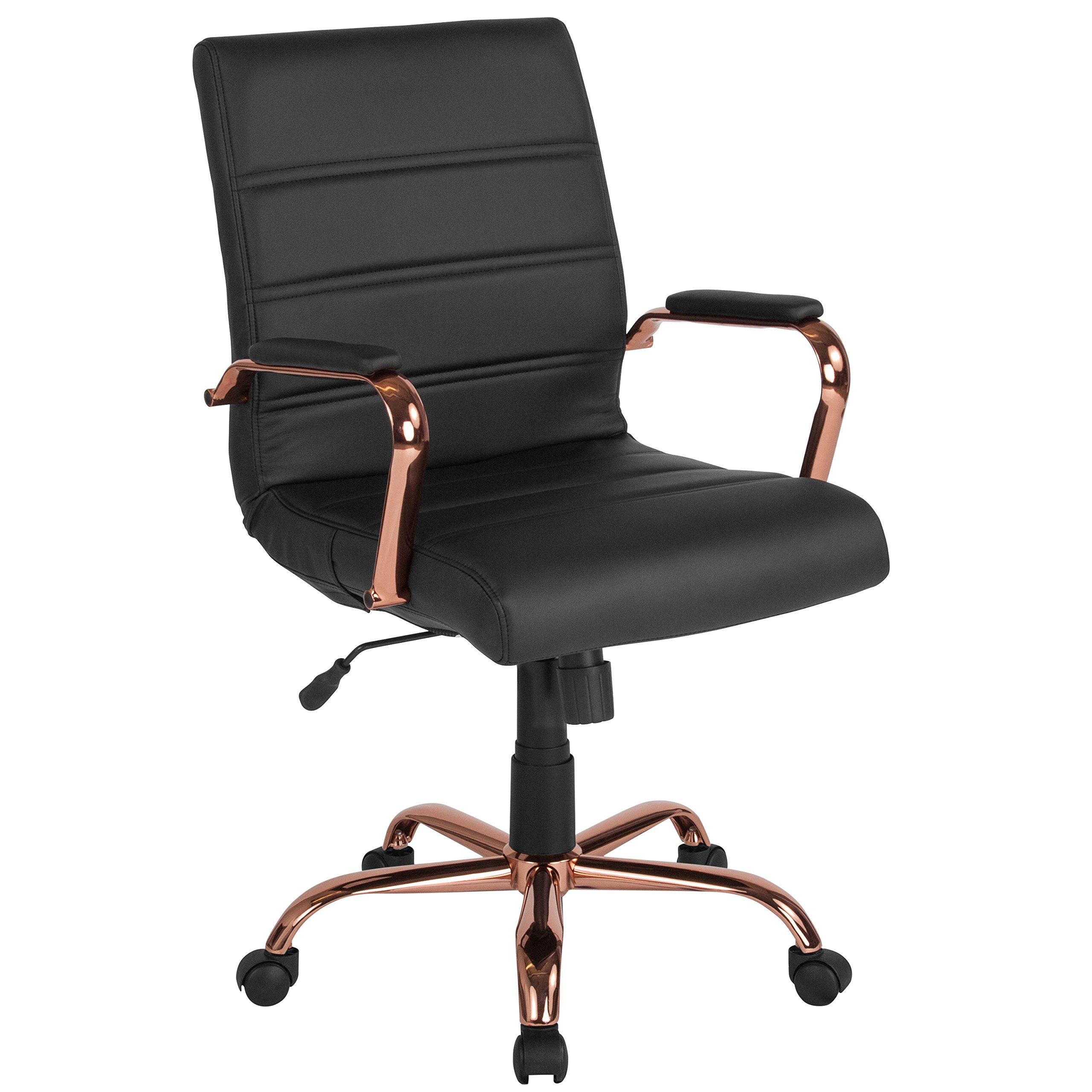 Flash Furniture Cadeira de escrivaninha com encosto médio - Cadeira de escritório executiva giratória de couro preto com moldura em ouro rosa - Cadeira de braço giratório