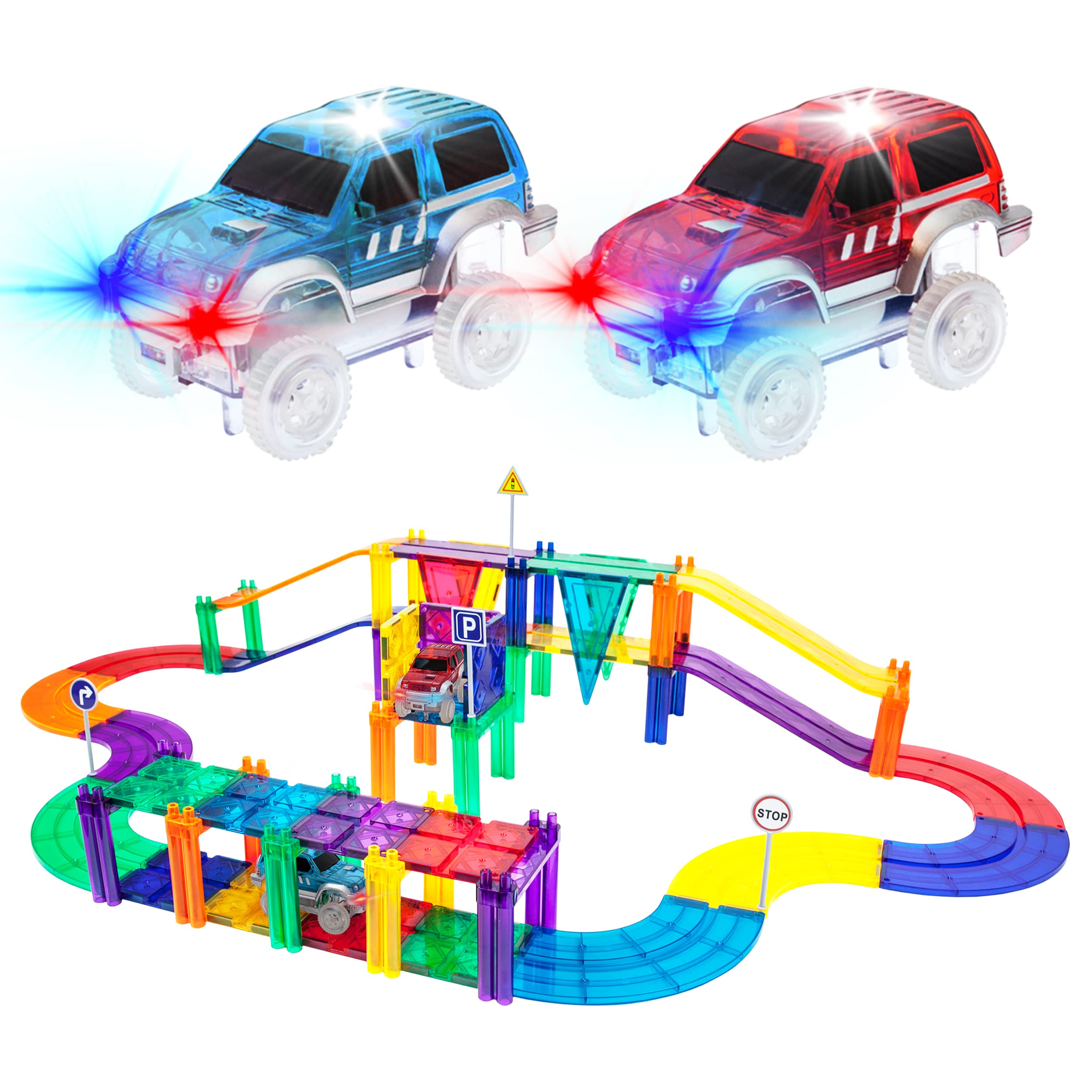  PicassoTiles 50 peças de bloco de construção de pista de carro de corrida Conjunto de brinquedos educativos Conjunto de telhas magnéticas Ímã DIY Playset 2 Light Up STEM Kit de construção de...