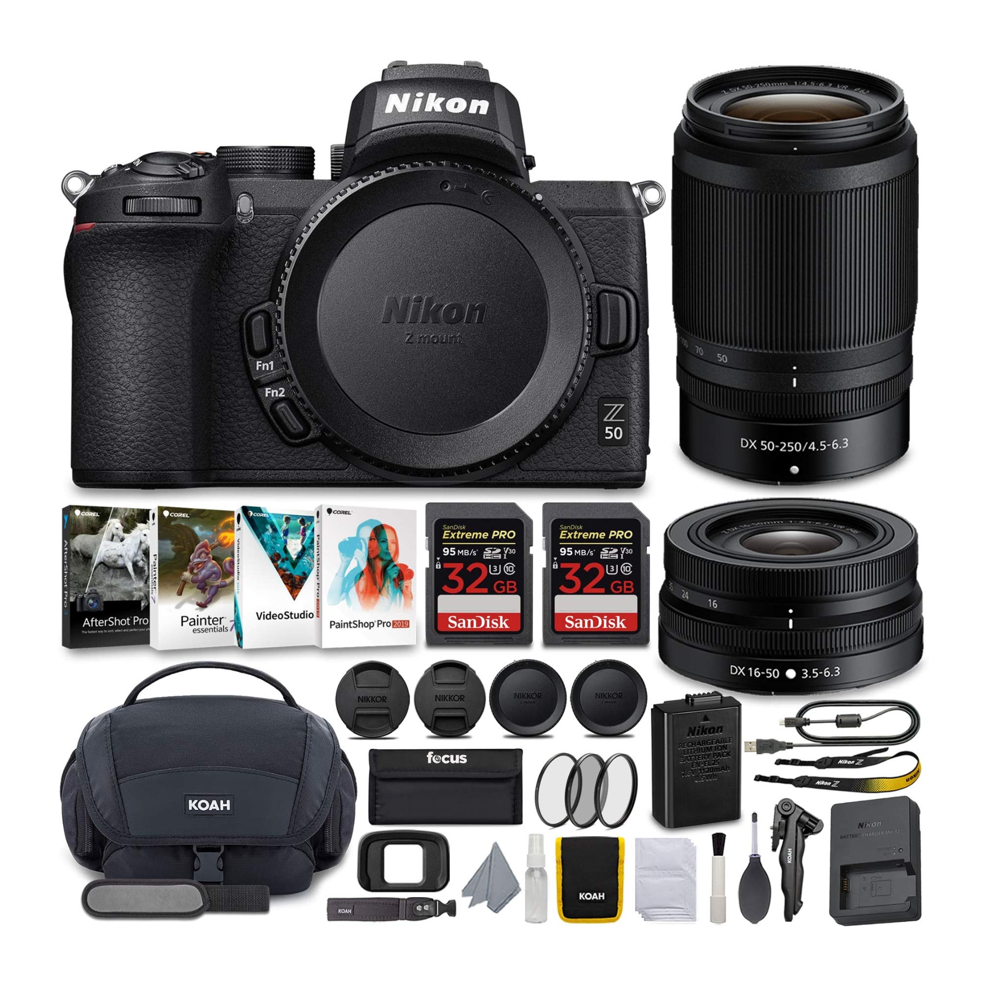 Nikon Câmera sem espelho Z50 com lentes NIKKOR Z 16-50 e 50-250 mm VR e kit de cartão de 64 GB com pacote de acessórios de luxo (5 itens)