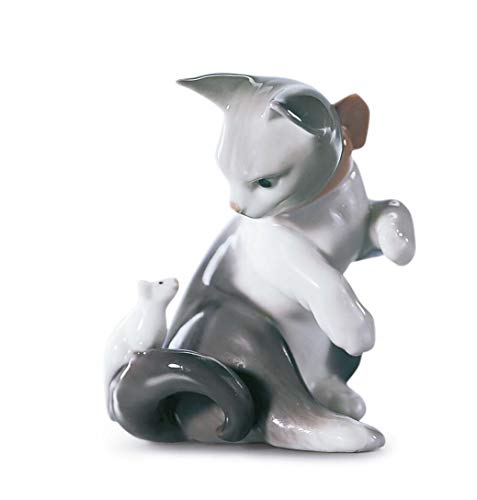 Lladró Estatueta de gato e rato. Figura de gato de porcelana.