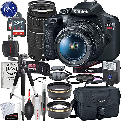 Canon Câmera DSLR EOS Rebel T7 com lente EF-S 18-55mm + lente EF 75-300mm + 2 x 32 GB de memória + pacote de luxo