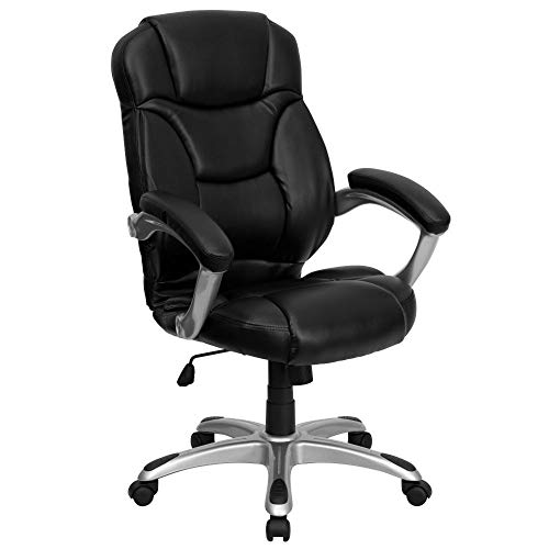 Flash Furniture Cadeira de escritório ergonômica executiva contemporânea giratória de couro preto com encosto alto com base e braços de nylon prateado