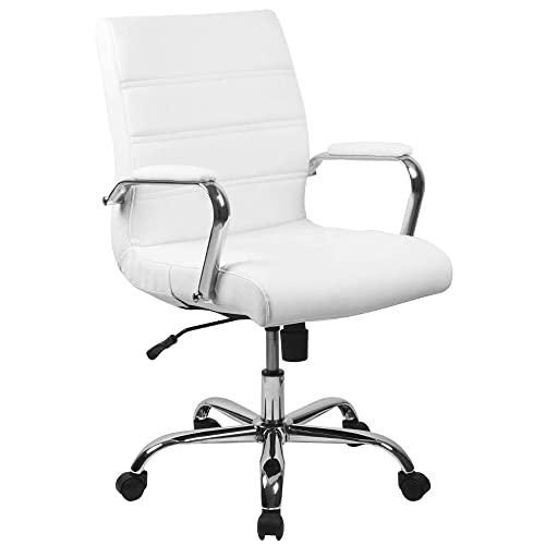 Flash Furniture Cadeira de mesa com encosto médio - Cadeira de escritório giratória executiva de couro branco com estrutura cromada - Cadeira de braço giratório