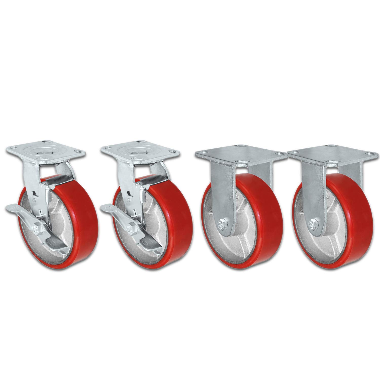 CasterHQ Rodízio giratório de 5' x 2' Roda de poliuretano vermelha resistente em cubo de aço com freios (2) e fixo (2) 4.000 lbs por conjunto de 4 rodízios de caixa de ferramentas - marca (5')