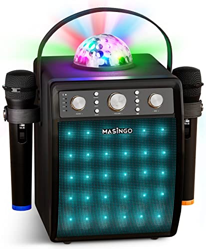  MASINGO Máquina de karaokê Bluetooth para adultos e crianças - Conjunto de equipamento de canto portátil com 2 microfones de karaokê sem fio - Sistema de alto-falantes PA com bola de discoteca e...