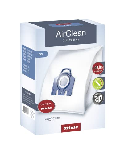 Miele Sacos de aspirador de pó de eficiência GN AirClean 3D - 2 caixas - Inclui 8 sacos GN Airclean genuínos + 2 filtros Super Air Clean genuínos + 2 filtros de proteção pré-motor genuínos