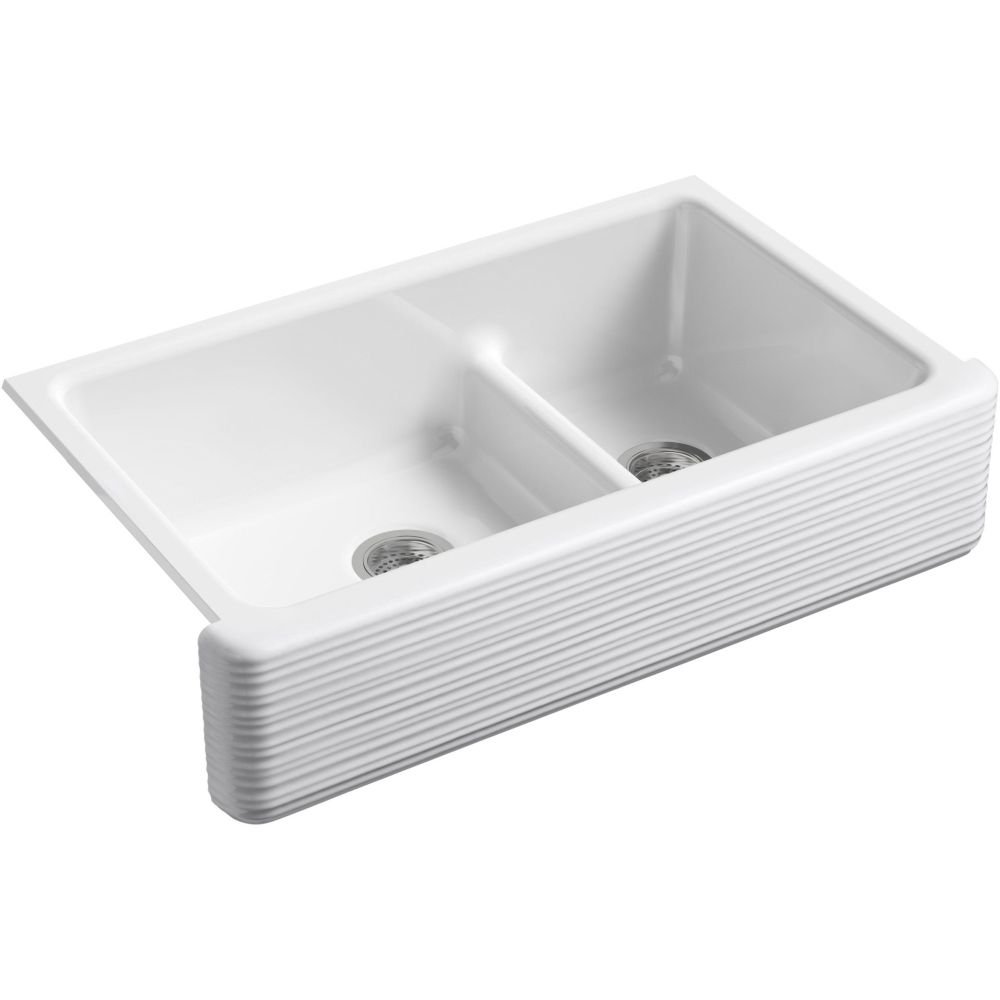 KOHLER K-6349-0 Whitehaven Hayridge Under Mount Large/Medium Double-Bowl Kitchen Sink with Tall Apron, White, 36 Inch