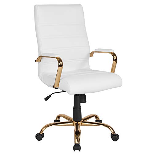 Flash Furniture Cadeira de escritório com encosto alto - Cadeira de escritório giratória executiva de couro branco com moldura dourada - Cadeira de braço giratório