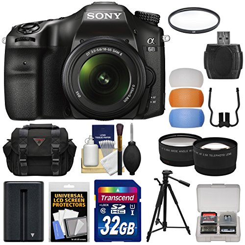 Sony Câmera digital SLR Alpha A68 e lente de 18-55 mm com cartão de 32 GB + bateria + estojo + tripé + filtro + kit de lente tele/grande angular