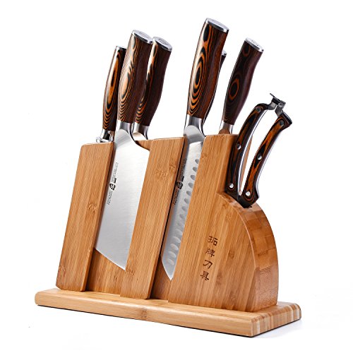 TUO Cutlery Conjunto de facas de cozinha TUO com bloco de madeira - aço forjado alemão X50CrMoV15 - cabo de madeira de pakka - série Fiery Phonex - conjunto de facas de 8 peças - TC0710