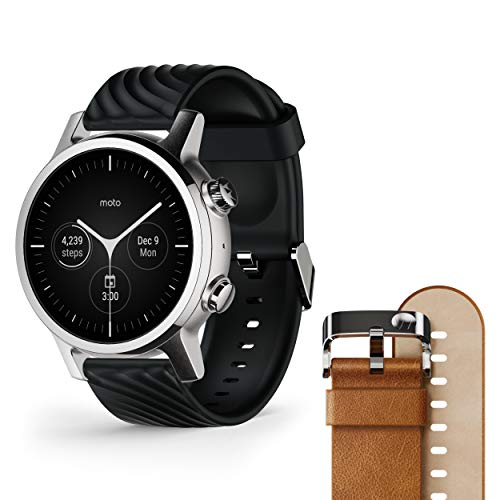 Motorola Moto 360 3ª geração 2020 - Wear OS by Google - O smartwatch luxuoso em aço inoxidável com couro genuíno incluído e pulseiras esportivas de alto impacto - cinza aço