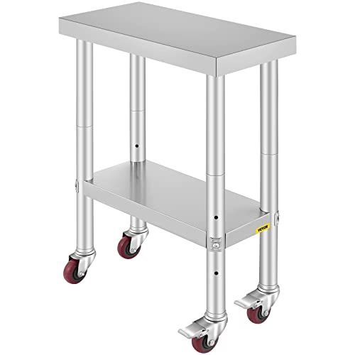  Mophorn Mesa de trabalho de aço inoxidável Prateleira ajustável de 3 estágios com 4 rodas Mesa de trabalho comercial resistente para preparação de alimentos com freio para trabalho de preparação...