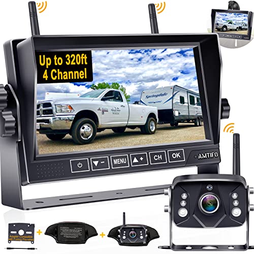  AMTIFO Câmera de backup RV sem fio HD 1080P Trailer Bluetooth Rear View Cam System Tecla de toque 7 '' Monitor DVR Tela dividida 4 canais para adaptador de trailer de caminhão para RVs pré-conectados...