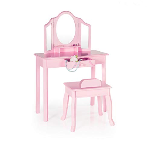 Guidecraft Penteadeira e banquinho - rosa: conjunto de mesa de madeira para crianças e cadeira de armazenamento com 3 espelhos e gaveta de maquiagem - Móveis de vestir infantil
