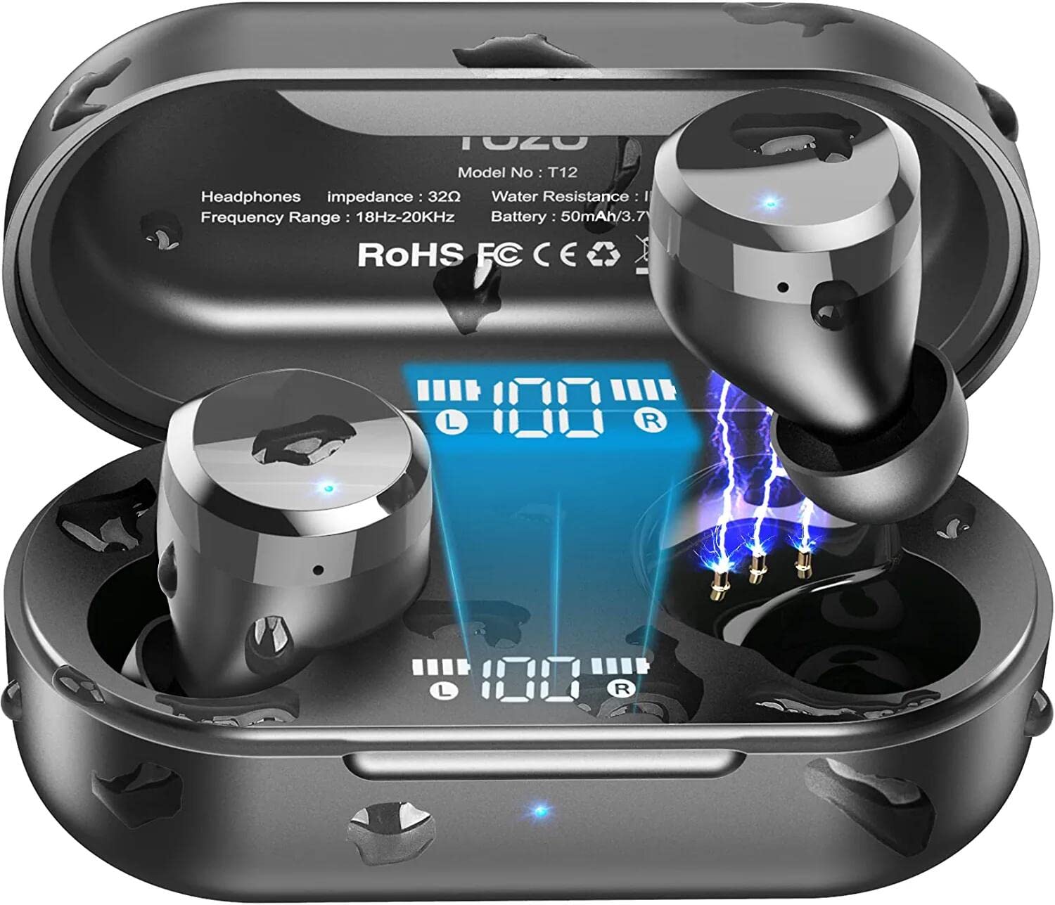 TOZO T12 2022 Fones de ouvido sem fio Bluetooth 5.3 Fones de ouvido com desempenho de som premium Controle de toque LED Display digital Estojo de carregamento sem fio Fones de ouvido preto escuro