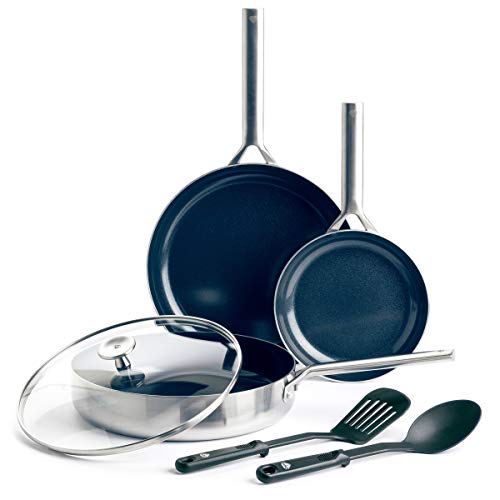 Blue Diamond Cookware Conjunto de panelas e frigideiras de aço inoxidável antiaderente de cerâmica de aço triplo