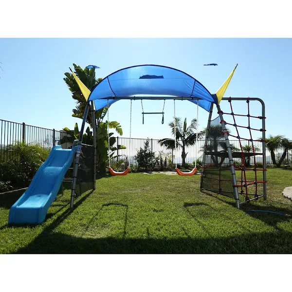 Ironkids  Challenge 300 Refreshing Mist Swing Set com Rope Climb e Expanded UV Protective Sunshade - Playground system